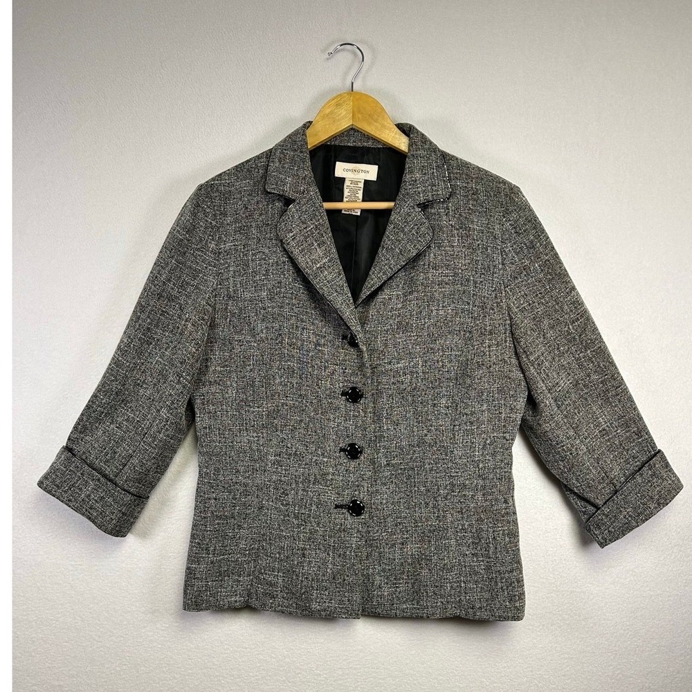 Professional Covington‎ Womens 10 Grey Textured 3/4 Sleeve Button Front Blazer